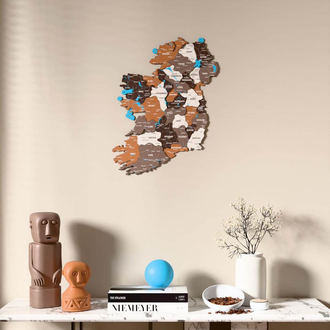 Soil Ireland wooden wall map above a marble console, front view