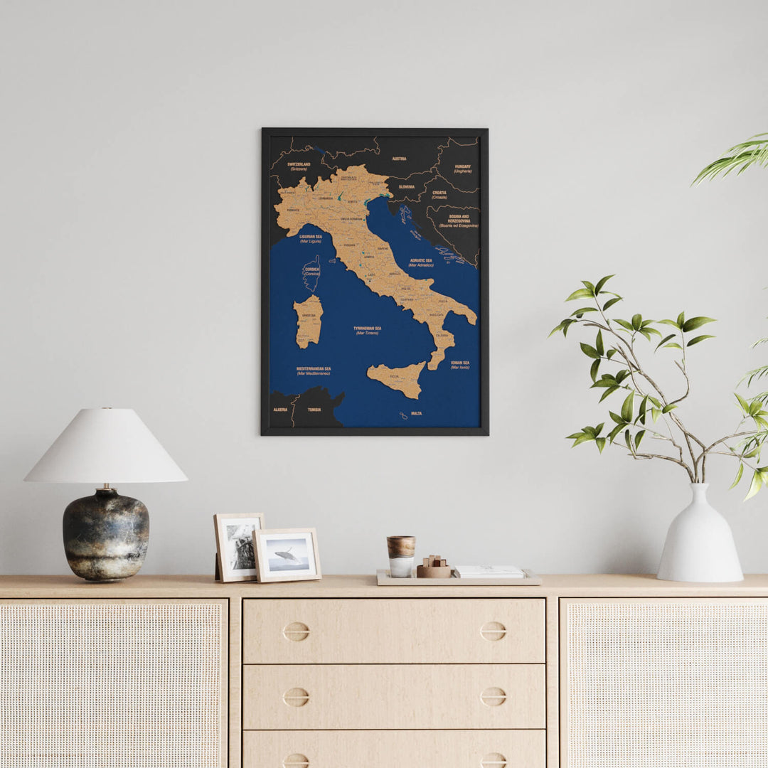 Framed Italy Cork Wall Map Decor