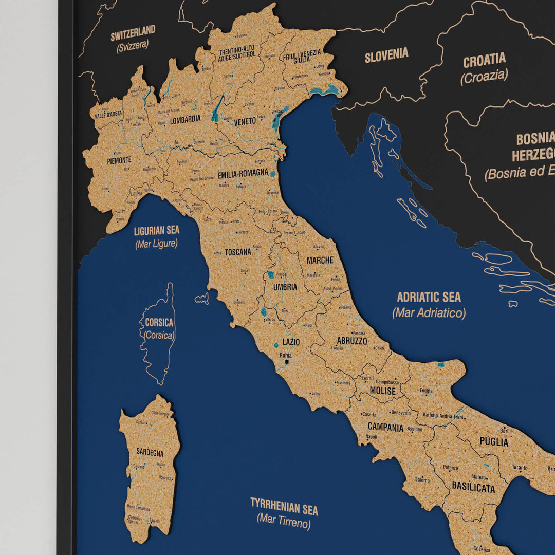 Framed Italy Cork Wall Map Decor
