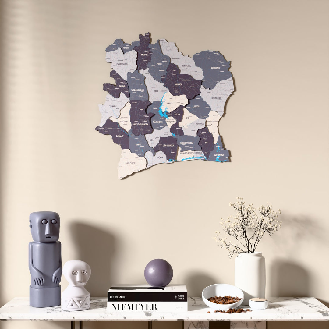 Nimbus Ivory Coast wooden wall map above a marble console, front view