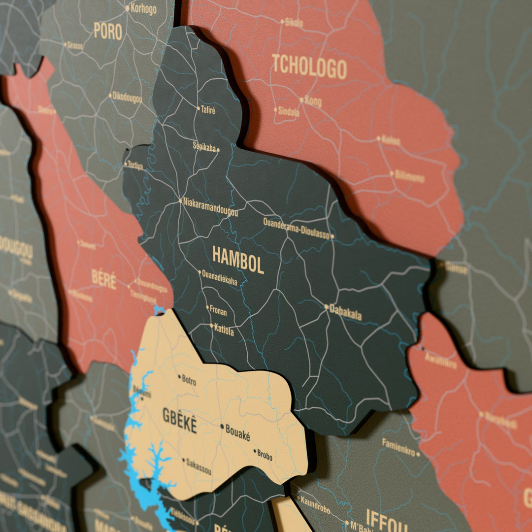 Close-up of the Sage Ivory Coast wooden wall map with layered regions and printed names