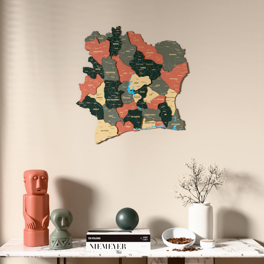 Sage Ivory Coast wooden wall map above a marble console, front view