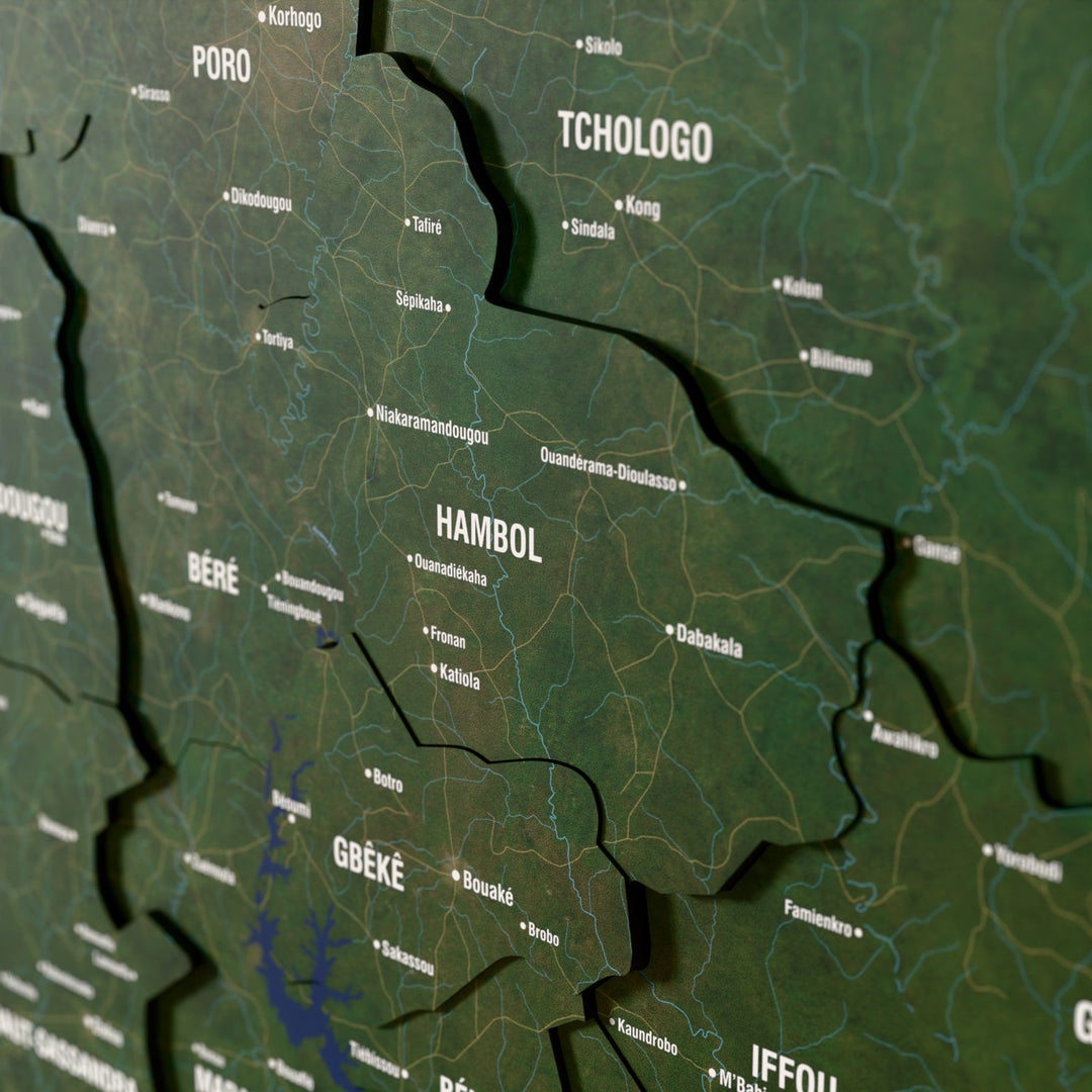Close-up of the Satellite Ivory Coast wooden wall map with layered regions and printed names