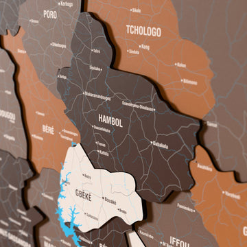 Close-up of the Soil Ivory Coast wooden wall map with layered regions and printed names