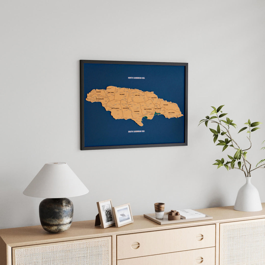 Framed Jamaica Cork Wall Map Decor