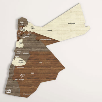 Jordan wooden wall map in brown and cream wood tones, angled close view with city labels in English and Arabic