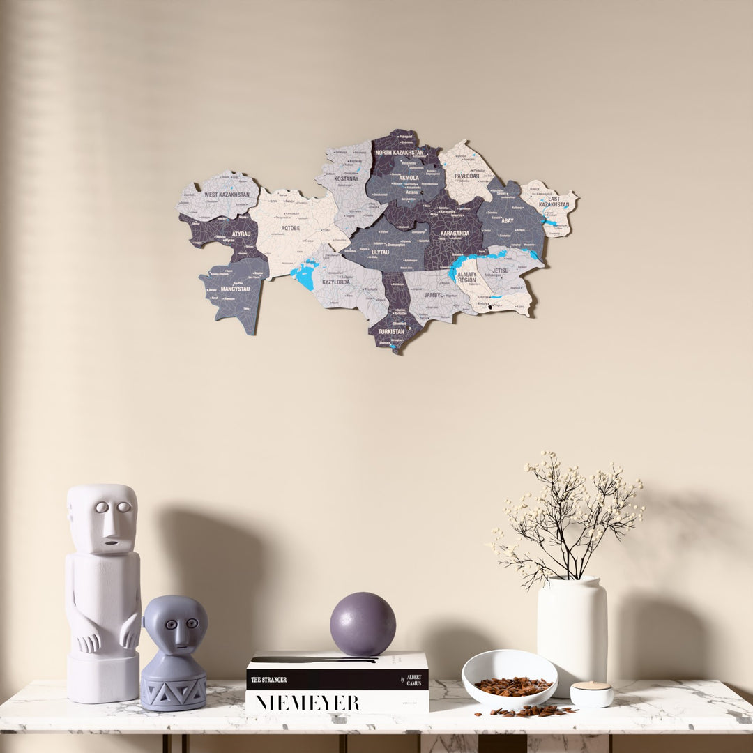 Nimbus Kazakhstan wooden wall map above a marble console, front view