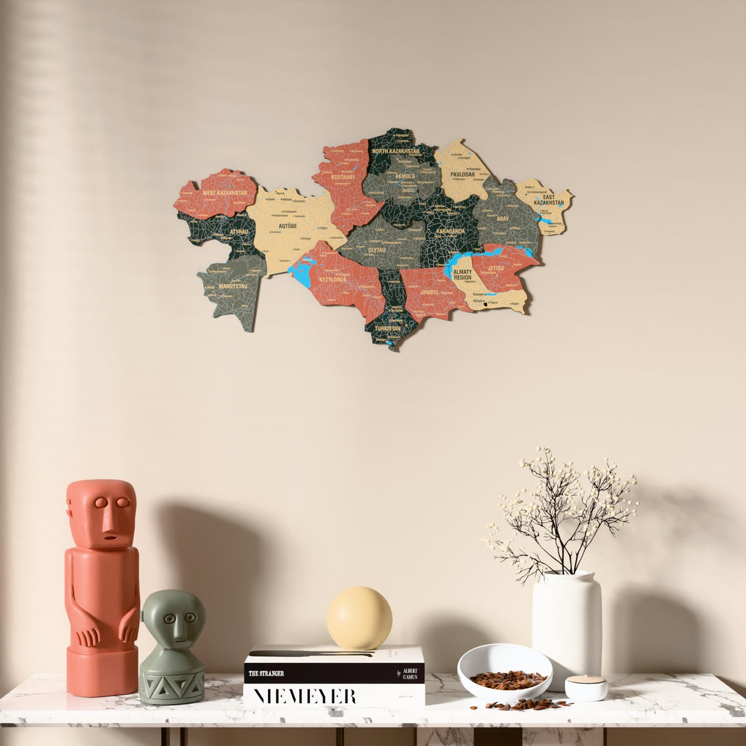 Sage Kazakhstan wooden wall map above a marble console, front view