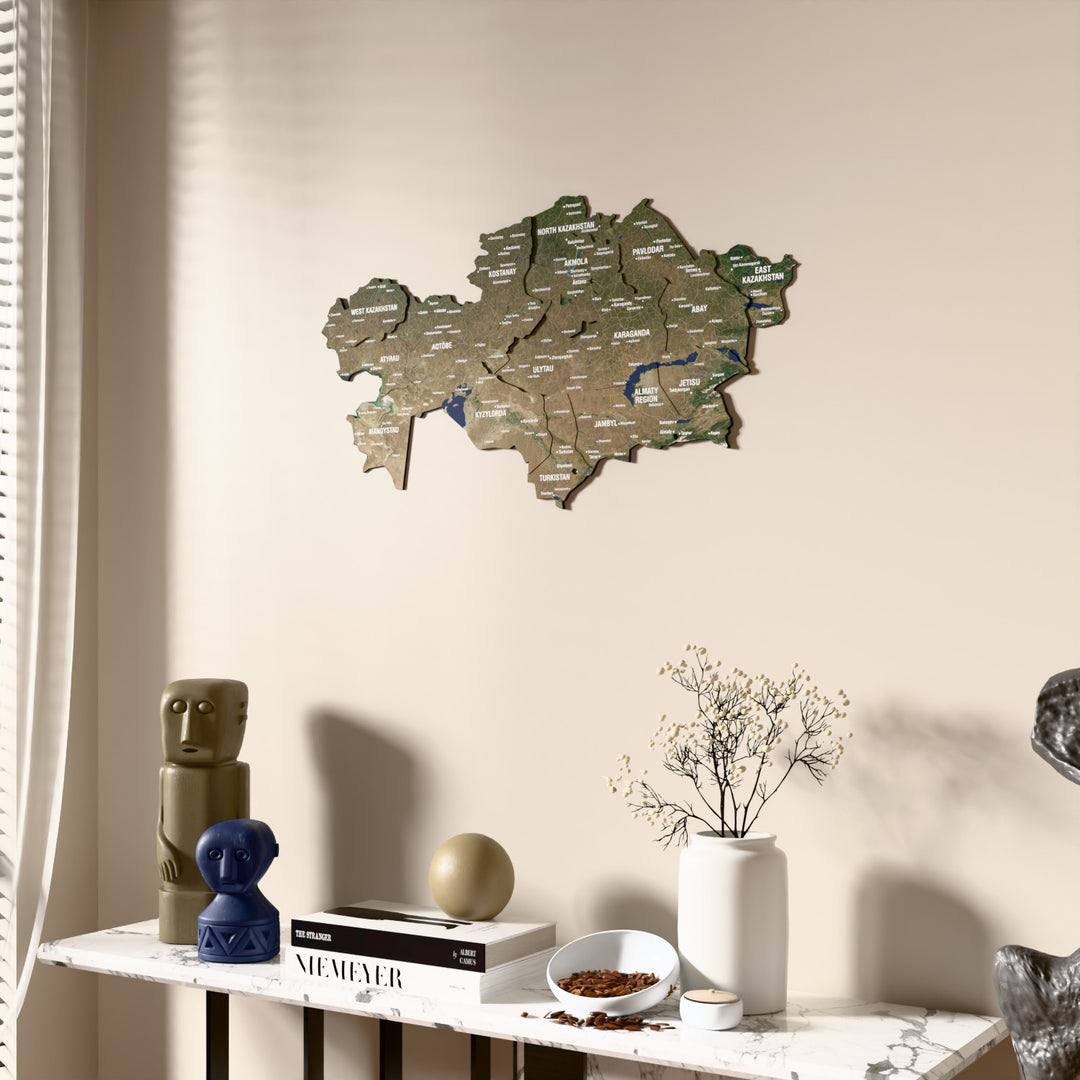 Satellite Kazakhstan wooden wall map beside a sheer curtain, angled view