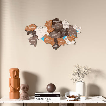 Soil Kazakhstan wooden wall map above a marble console, front view