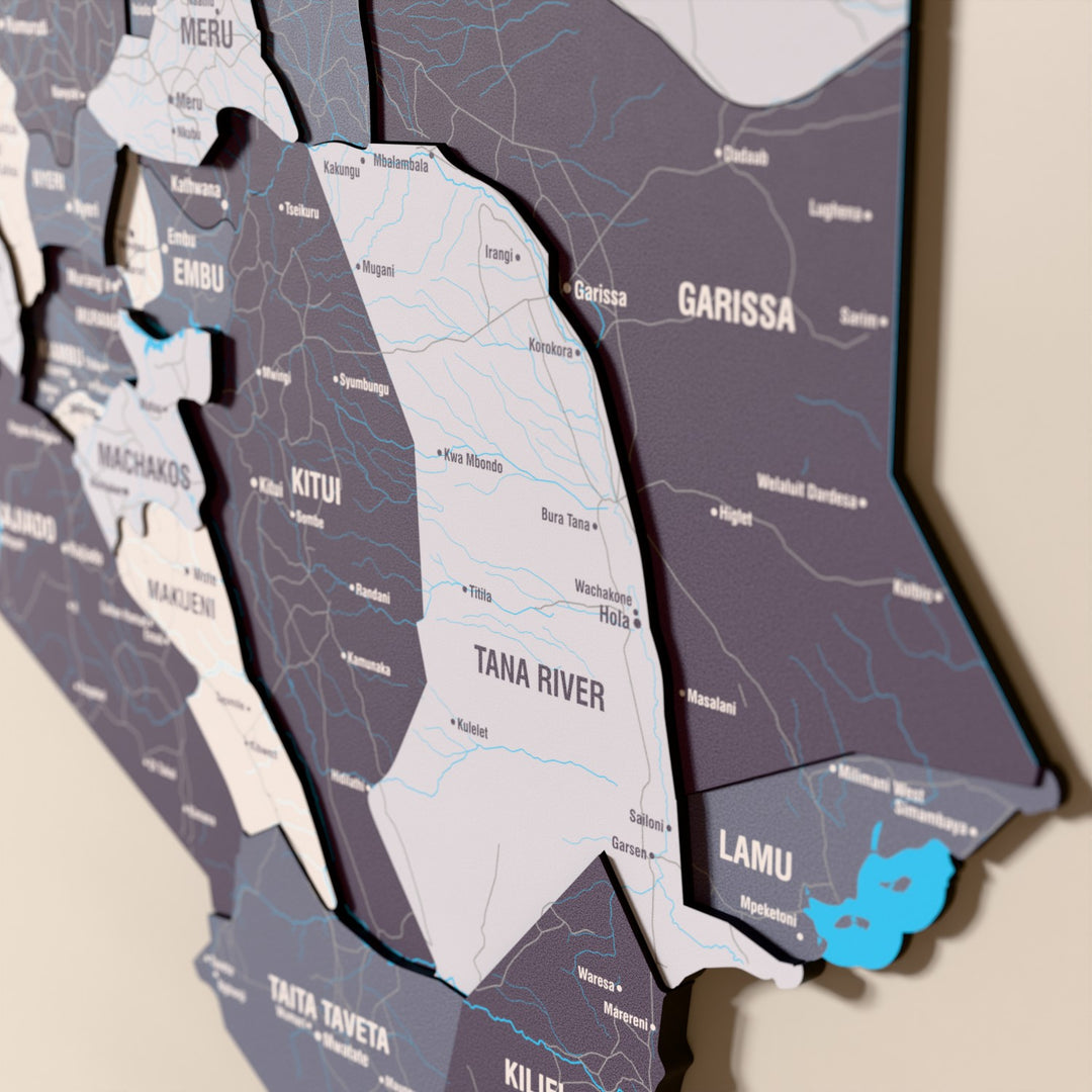 Close-up of the Nimbus Kenya wooden wall map with layered regions and printed names