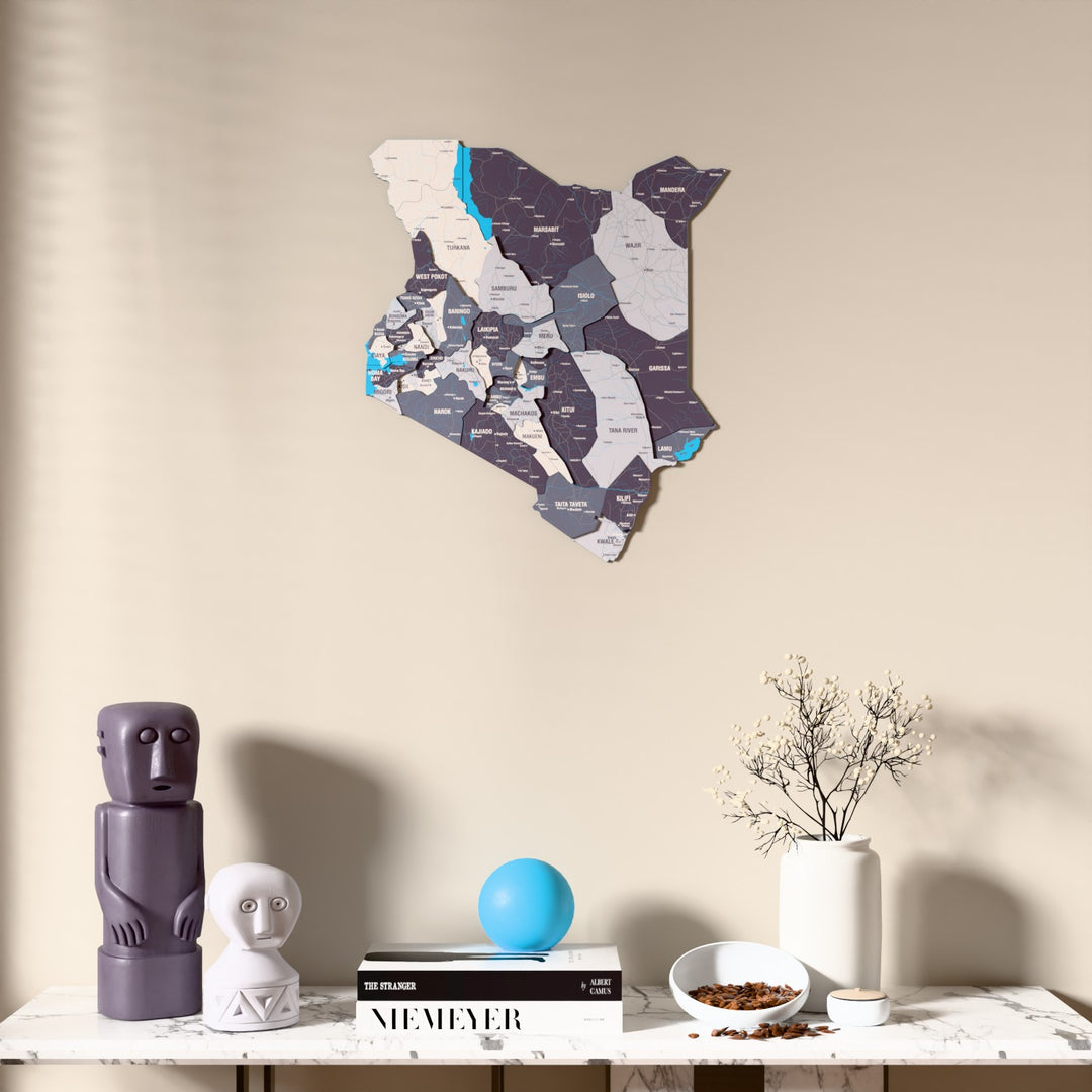 Nimbus Kenya wooden wall map above a marble console, front view