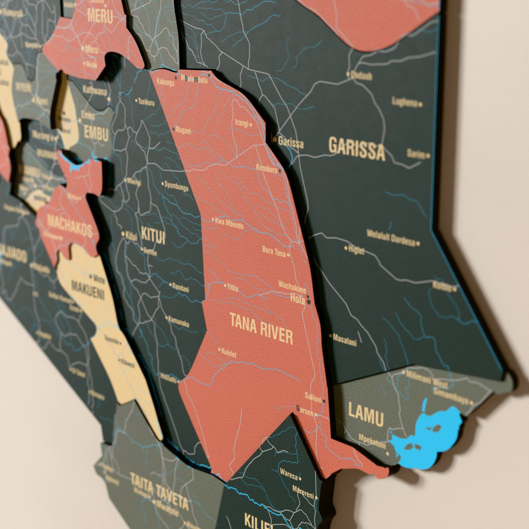 Close-up of the Sage Kenya wooden wall map with layered regions and printed names