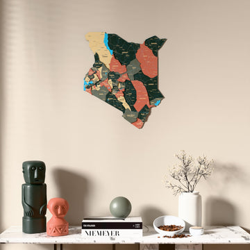 Sage Kenya wooden wall map above a marble console, front view