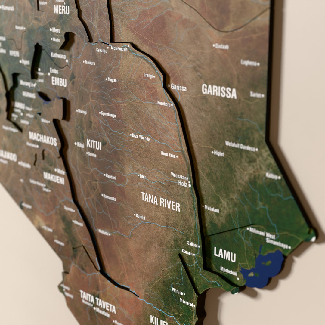 Close-up of the Satellite Kenya wooden wall map with layered regions and printed names