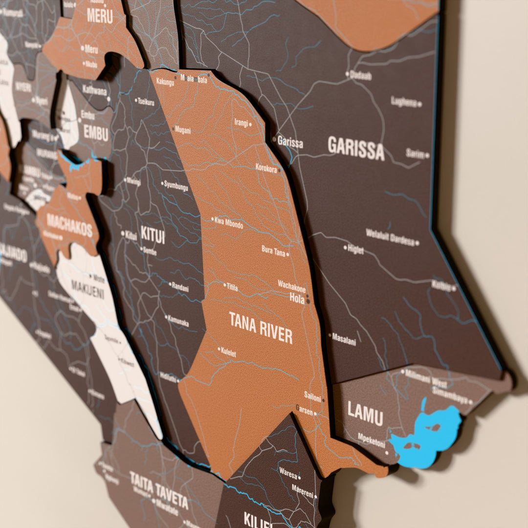 Close-up of the Soil Kenya wooden wall map with layered regions and printed names
