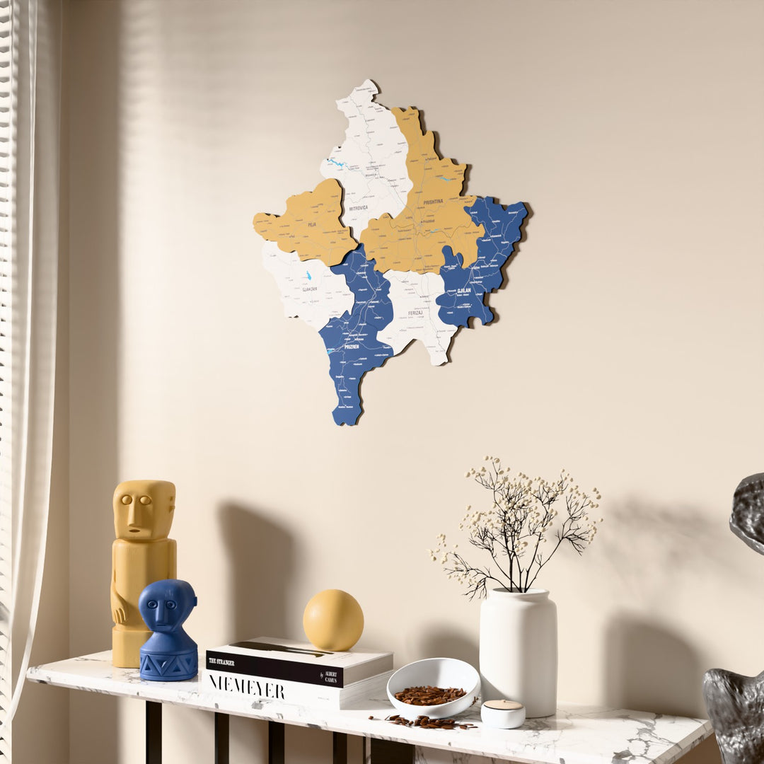 Flag colored Kosovo wooden wall map beside a sheer curtain, angled view