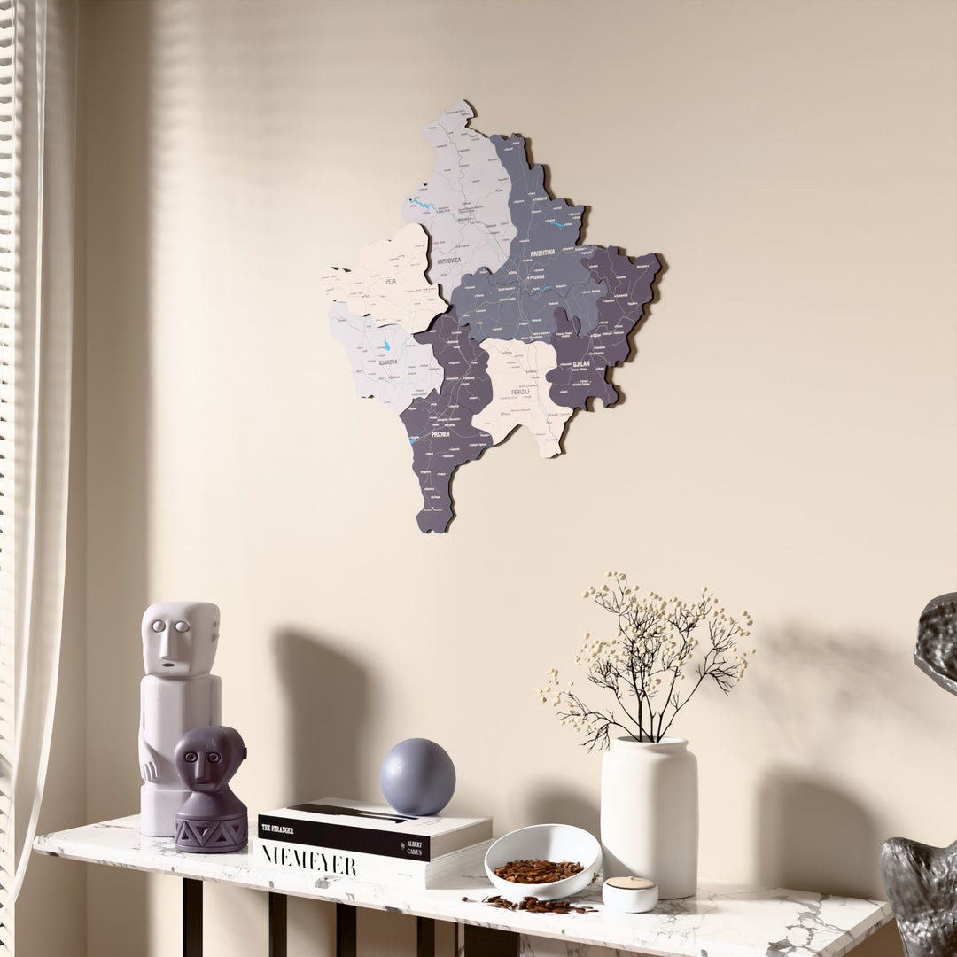 Nimbus Kosovo wooden wall map beside a sheer curtain, angled view