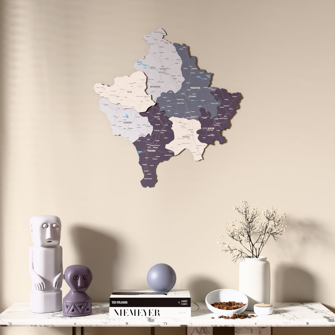 Nimbus Kosovo wooden wall map above a marble console, front view