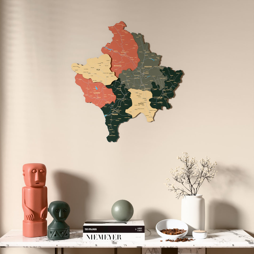 Sage Kosovo wooden wall map above a marble console, front view