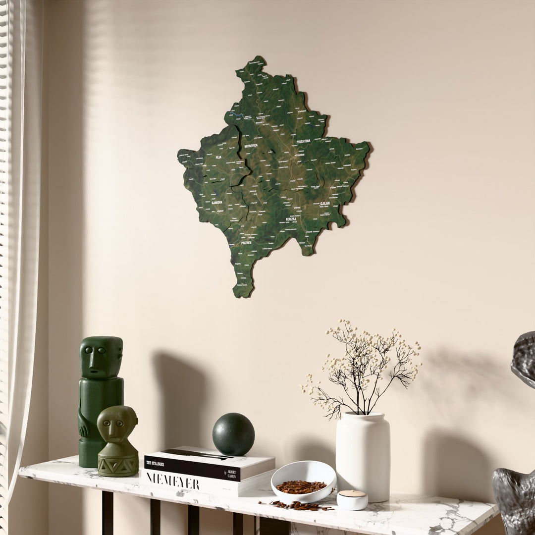 Satellite Kosovo wooden wall map beside a sheer curtain, angled view