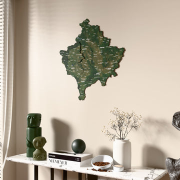 Satellite Kosovo wooden wall map beside a sheer curtain, angled view
