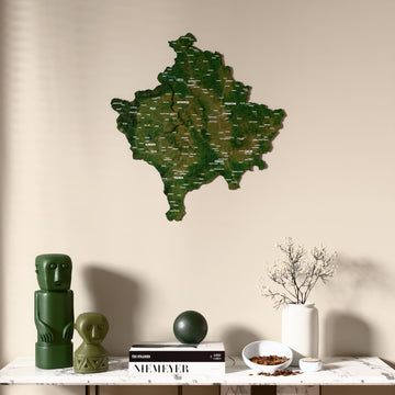 Satellite Kosovo wooden wall map above a marble console, front view