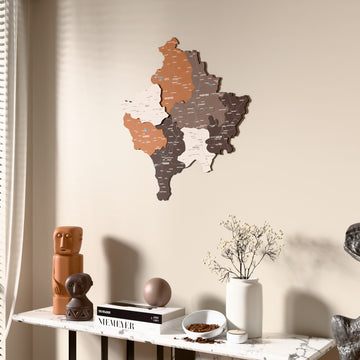 Soil Kosovo wooden wall map beside a sheer curtain, angled view