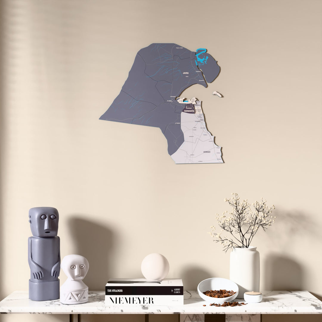 Nimbus Kuwait wooden wall map above a marble console, front view