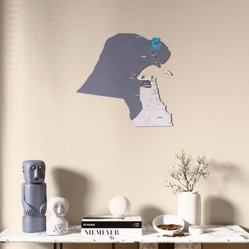 Nimbus Kuwait wooden wall map above a marble console, front view