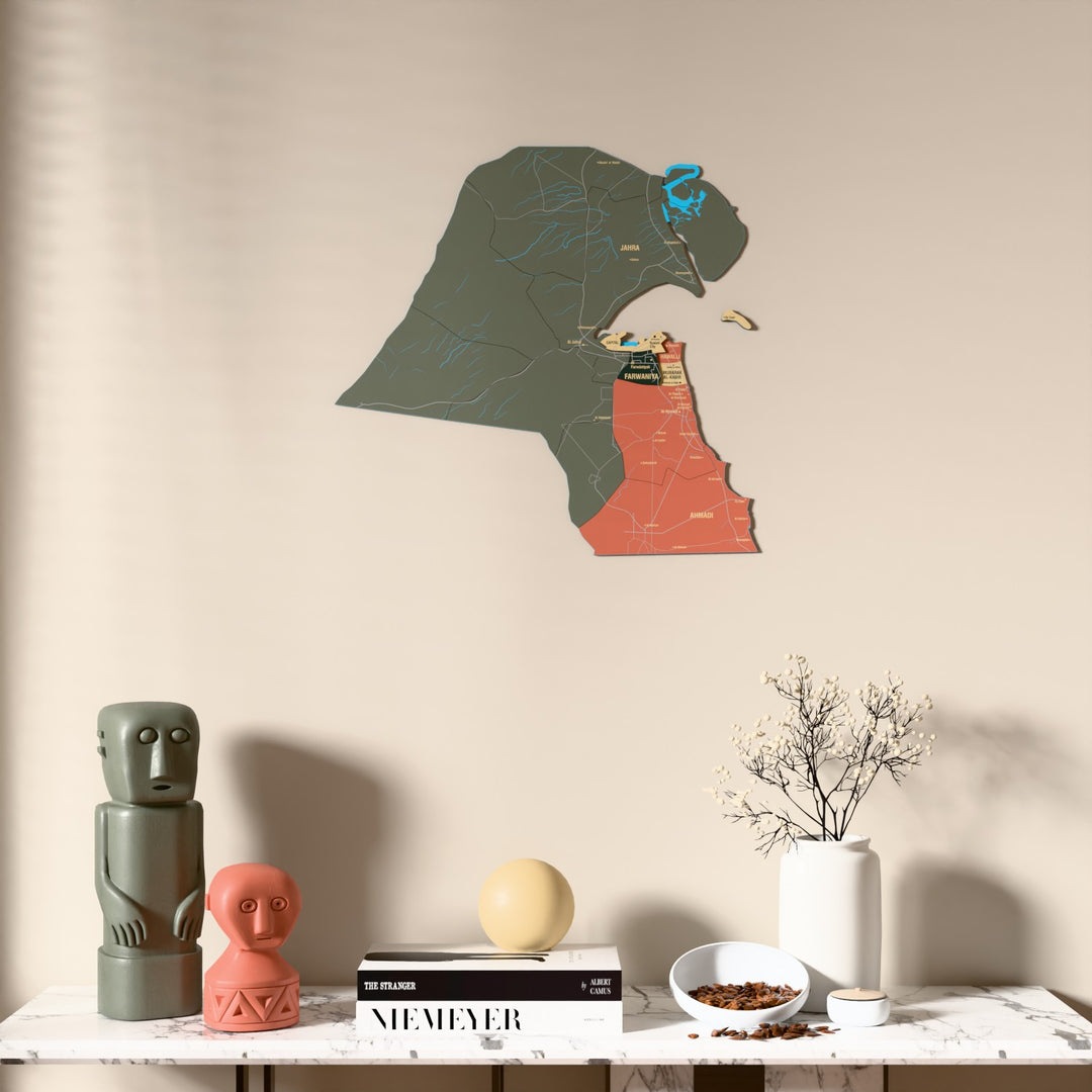 Sage Kuwait wooden wall map above a marble console, front view