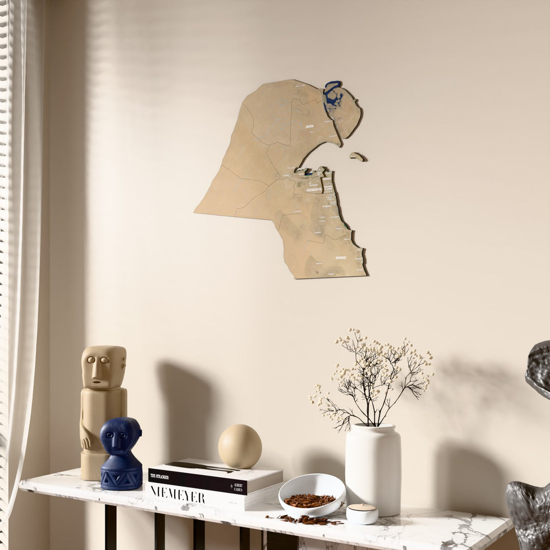Satellite Kuwait wooden wall map beside a sheer curtain, angled view