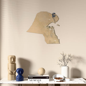 Satellite Kuwait wooden wall map above a marble console, front view