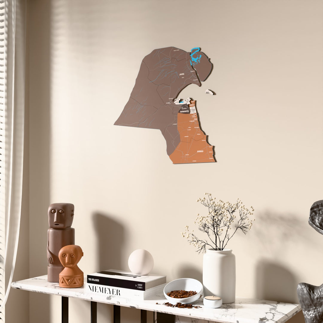 Soil Kuwait wooden wall map beside a sheer curtain, angled view