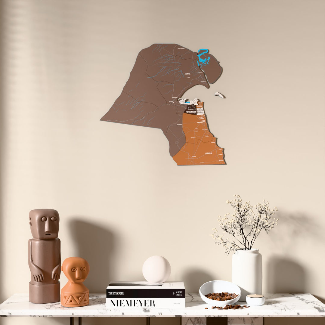 Soil Kuwait wooden wall map above a marble console, front view