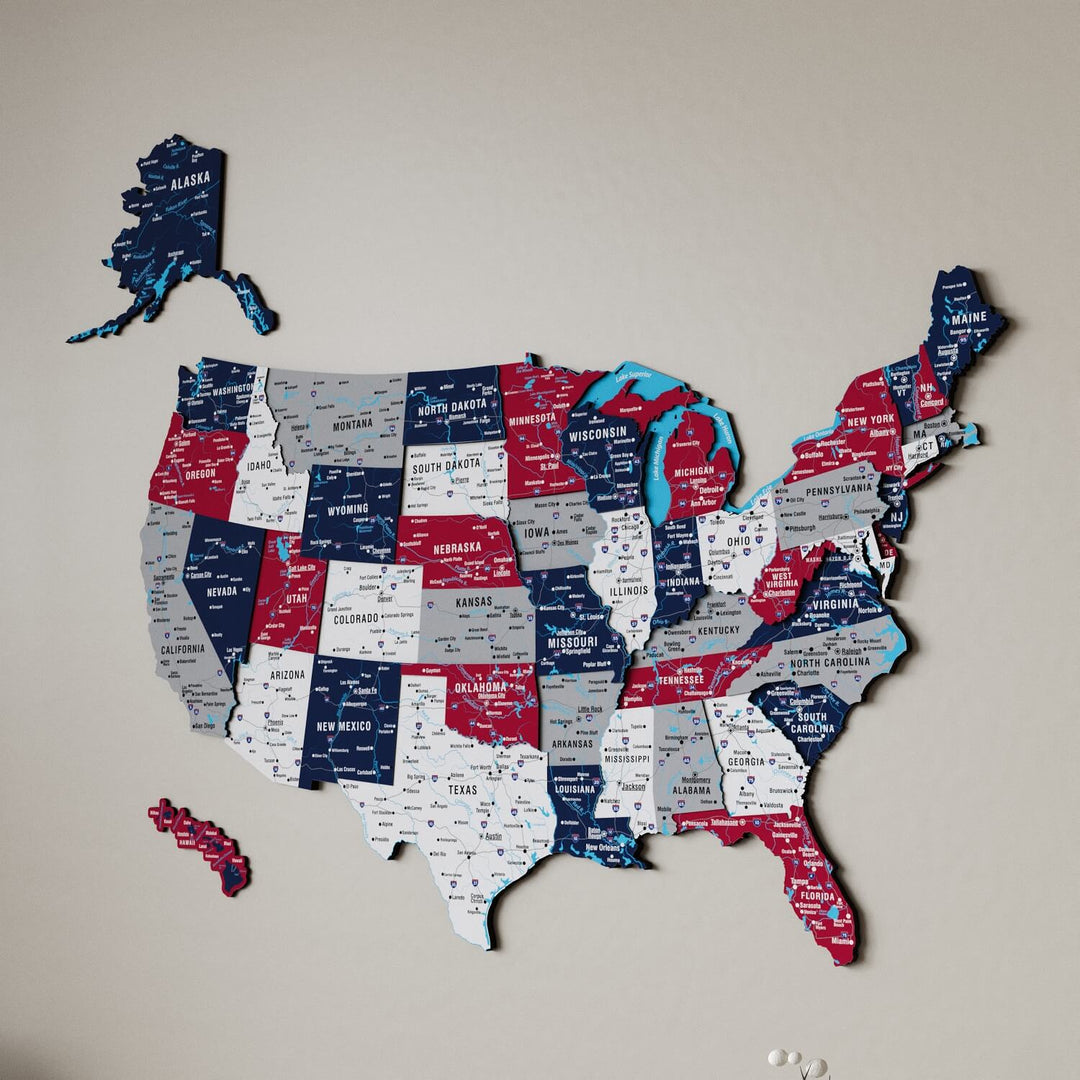 USA Wooden Wall Map Flag Colored Premium Wood Wall Decor