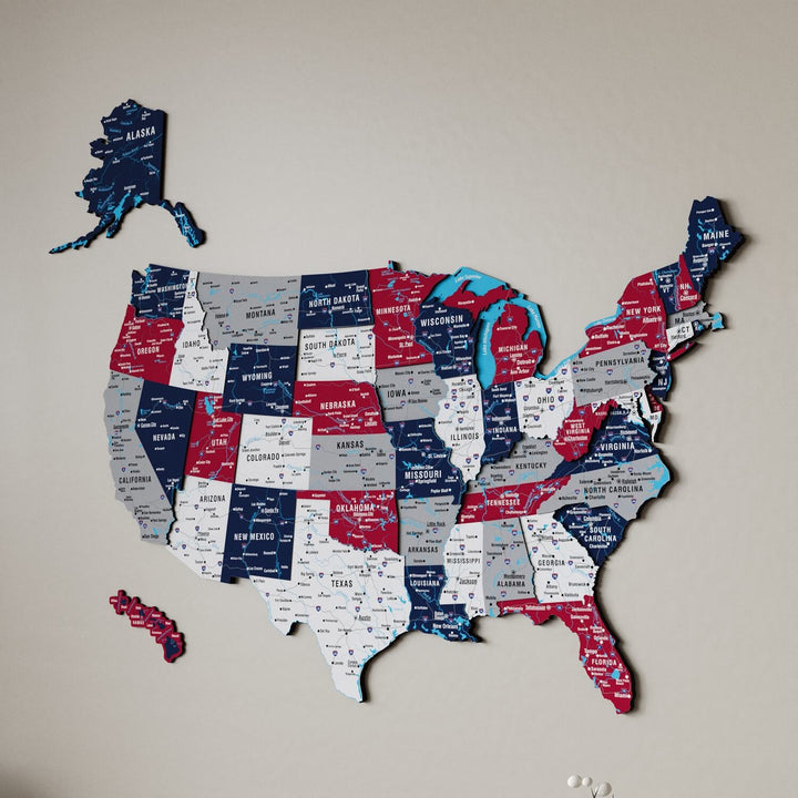 USA Wooden Wall Map Flag Colored Premium Wood Wall Decor