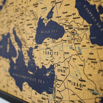 Close-up of the cork map of Europe showing Türkiye, the Black Sea, Syria and Iraq in a dark frame