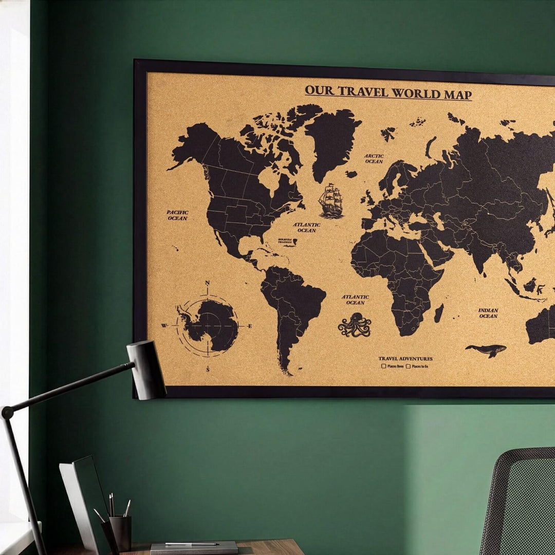 Framed Cork World Map – Interactive Travel Pin Board