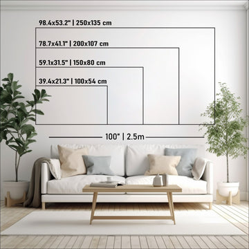 Size chart for the large wooden world map: four sizes from 39.4 x 21.3 in to 98.4 x 53.2 in over a sofa on a 100 in wall