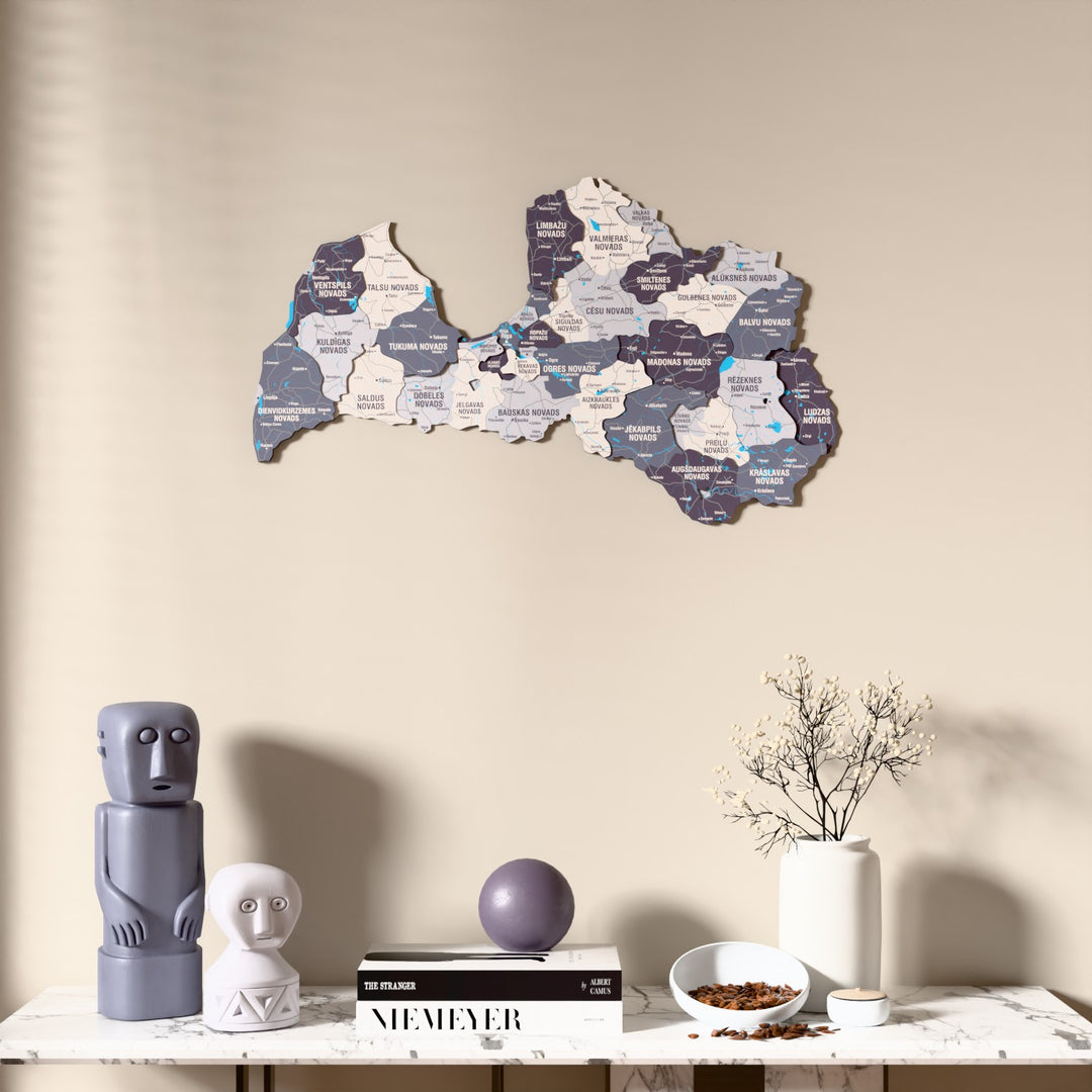 Nimbus Latvia wooden wall map above a marble console, front view