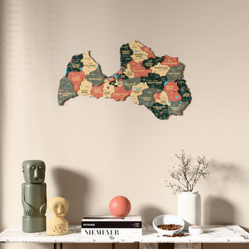 Sage Latvia wooden wall map above a marble console, front view