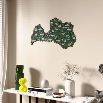 Satellite Latvia wooden wall map beside a sheer curtain, angled view