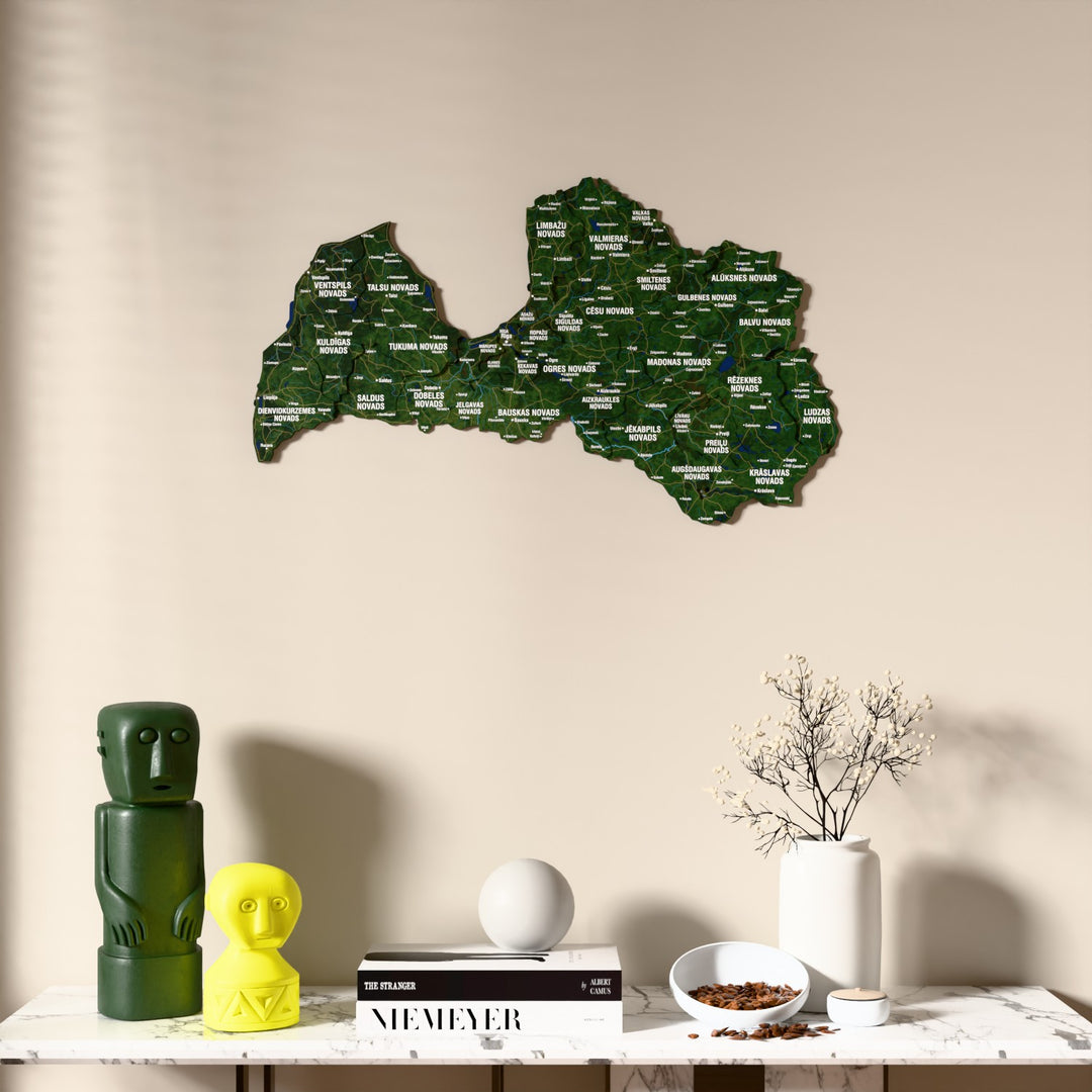 Satellite Latvia wooden wall map above a marble console, front view