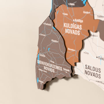 Close-up of the Soil Latvia wooden wall map with layered regions and printed names