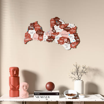 Flag colored Latvia wooden wall map above a marble console, front view