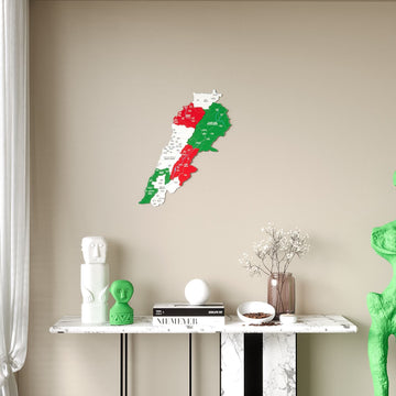Small Lebanese Flag Lebanon wooden wall map on a beige wall beside a curtain, wide view above a console