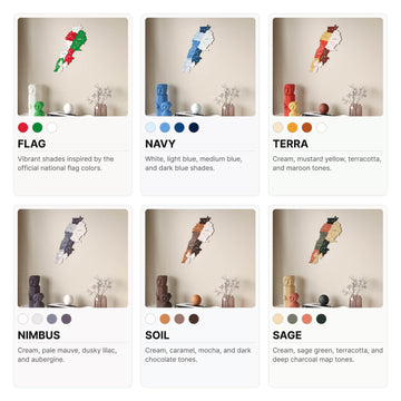 Color options card for the Lebanon wooden wall map: Flag, Navy, Terra, Nimbus, Soil and Sage swatches