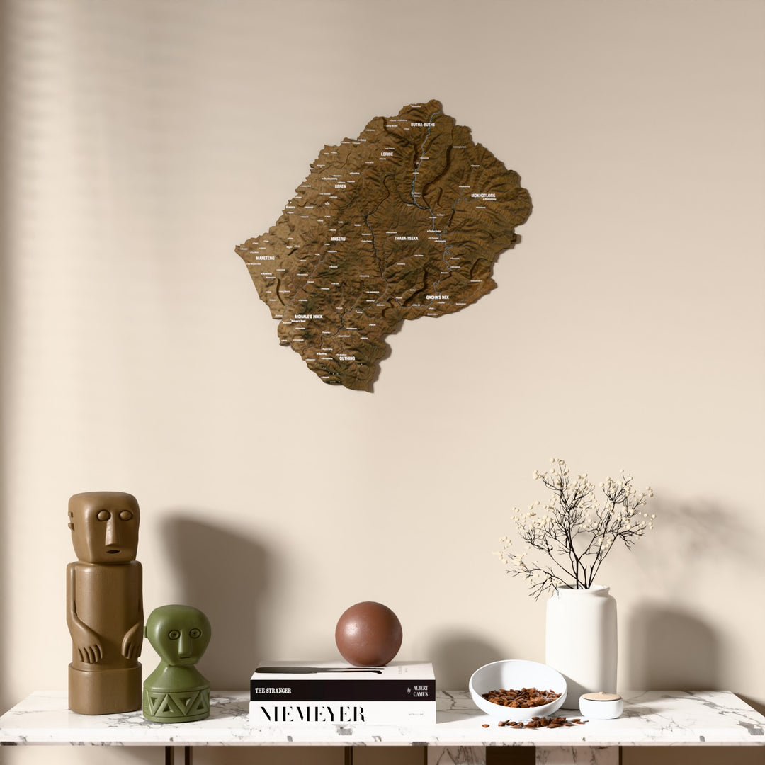Satellite Lesotho wooden wall map above a marble console, front view