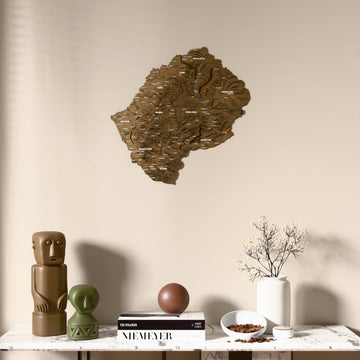 Satellite Lesotho wooden wall map above a marble console, front view